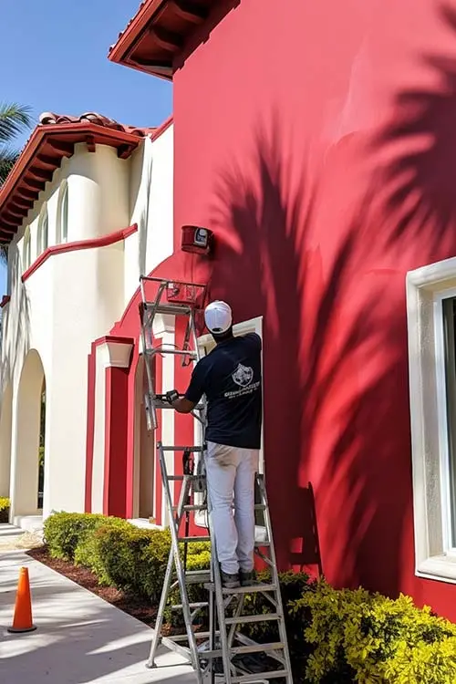 Pintor pintando una fachada de color rojo en Málaga Profesionales Málaga